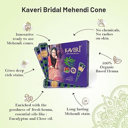 Kaveri Natural Henna Bridal Mehandi Cones for Hands & Hair Herbal Rajasthani Henna Paste in Natural Dark Brown Color With Nilgiri Oil for Dulhan Wedding Occasion Instant Mehendi Cone - Image 4