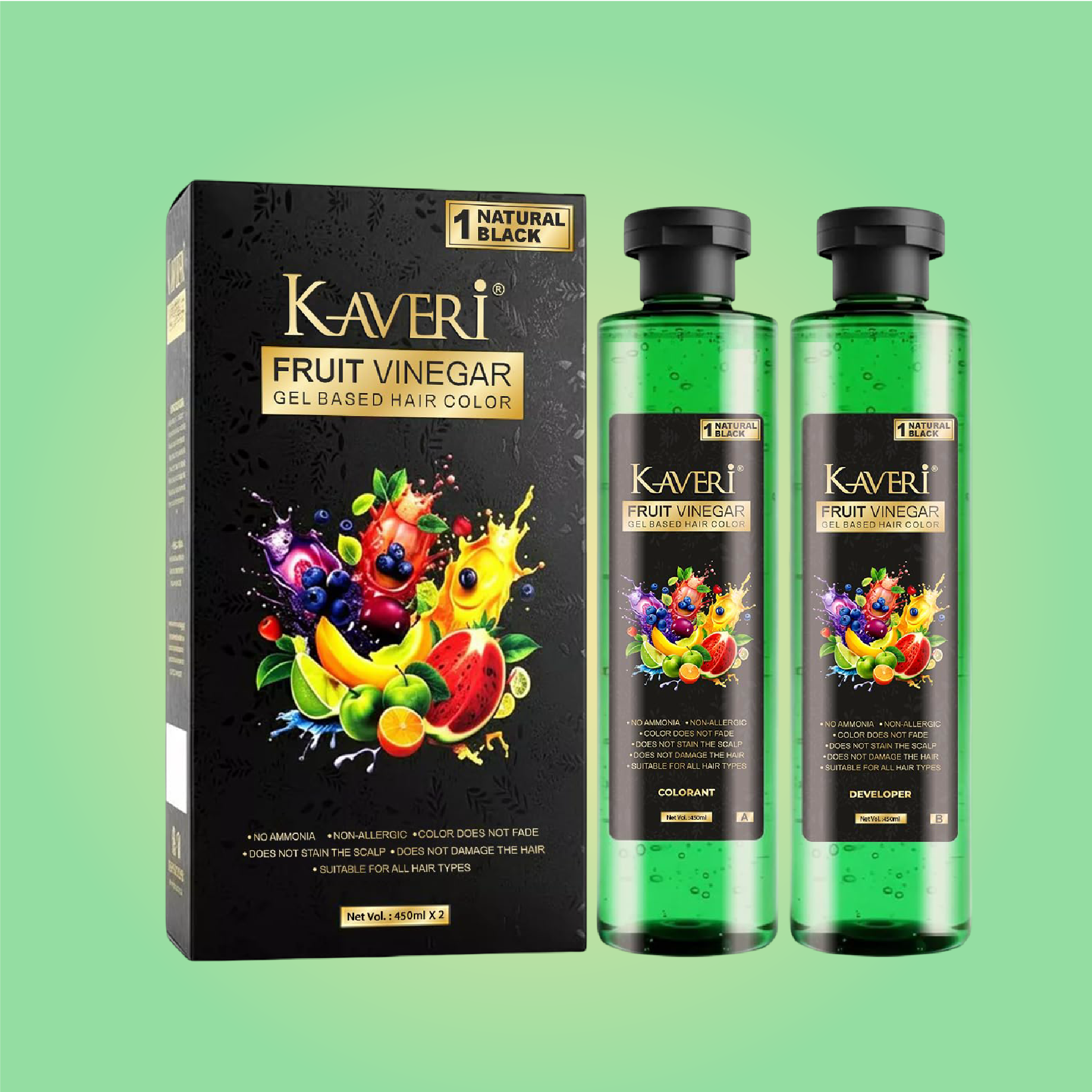 Kaveri Fruit Vinegar Gel Hair Color for Grey Coverage – Ammonia Free | 450ml x 2