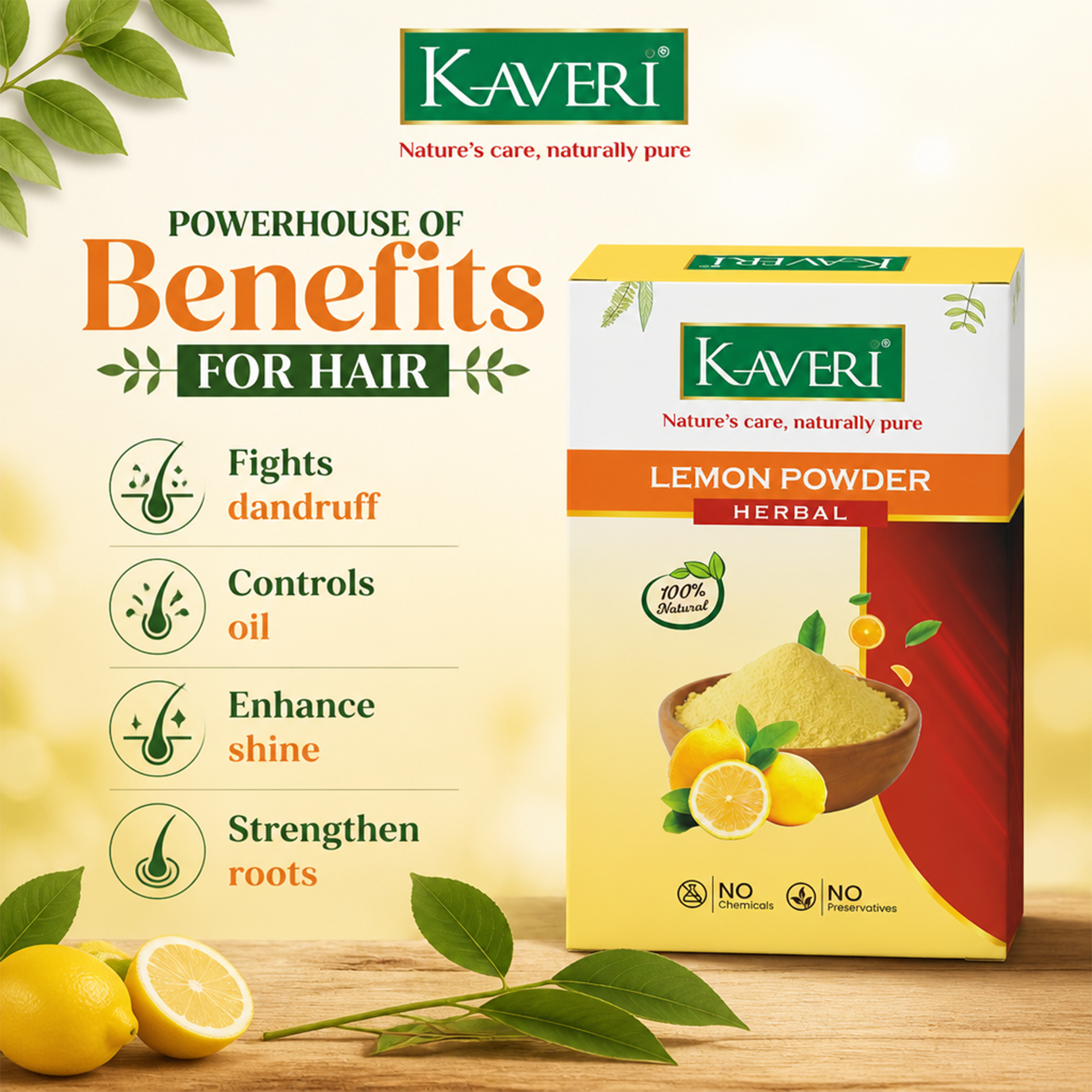 Kaveri Lemon Powder for Hair & Skin Care | Natural Lemon Peel Powder | Herbal Face Pack & Hair Mask | Supports Oil Control & Glowing Skin | Chemicals & Preservatives Free 200g - Image 5