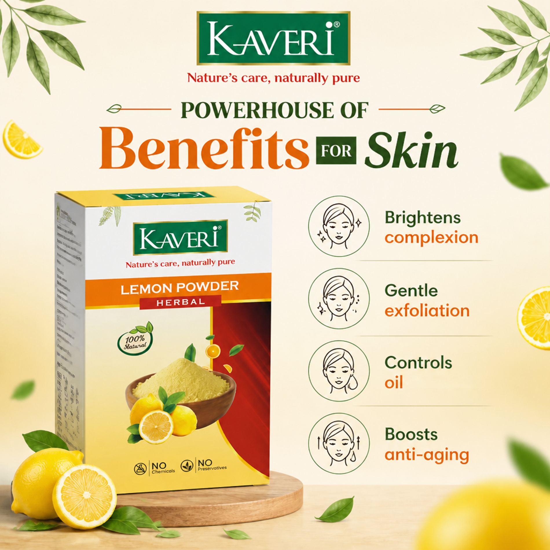 Kaveri Lemon Powder for Hair & Skin Care | Natural Lemon Peel Powder | Herbal Face Pack & Hair Mask | Supports Oil Control & Glowing Skin | Chemicals & Preservatives Free 200g - Image 6