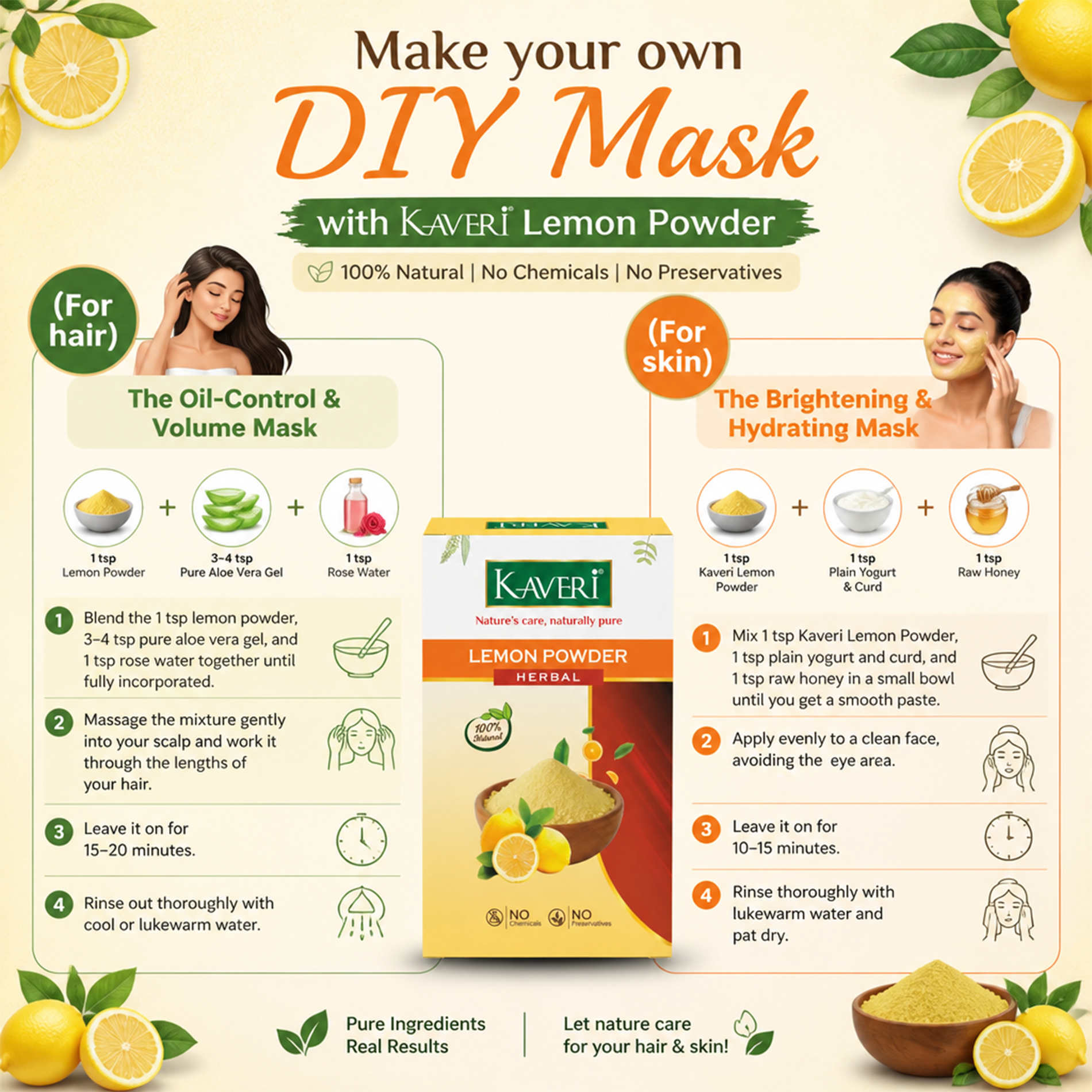 Kaveri Lemon Powder for Hair & Skin Care | Natural Lemon Peel Powder | Herbal Face Pack & Hair Mask | Supports Oil Control & Glowing Skin | Chemicals & Preservatives Free 200g - Image 8