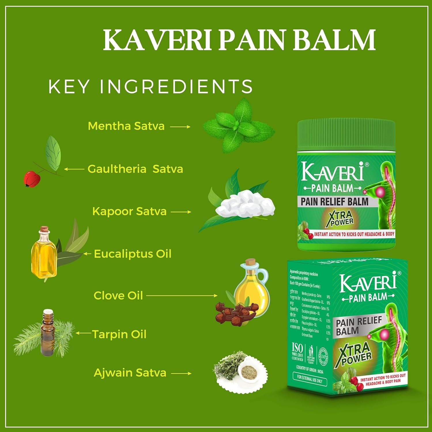 Green Ayurvedic Pain Balm Xtra Power for Fast Relief from Headache, Joint, Muscle & Back Pain | Fast-Acting Herbal Balm | 8g | Pack of 10 - Image 5